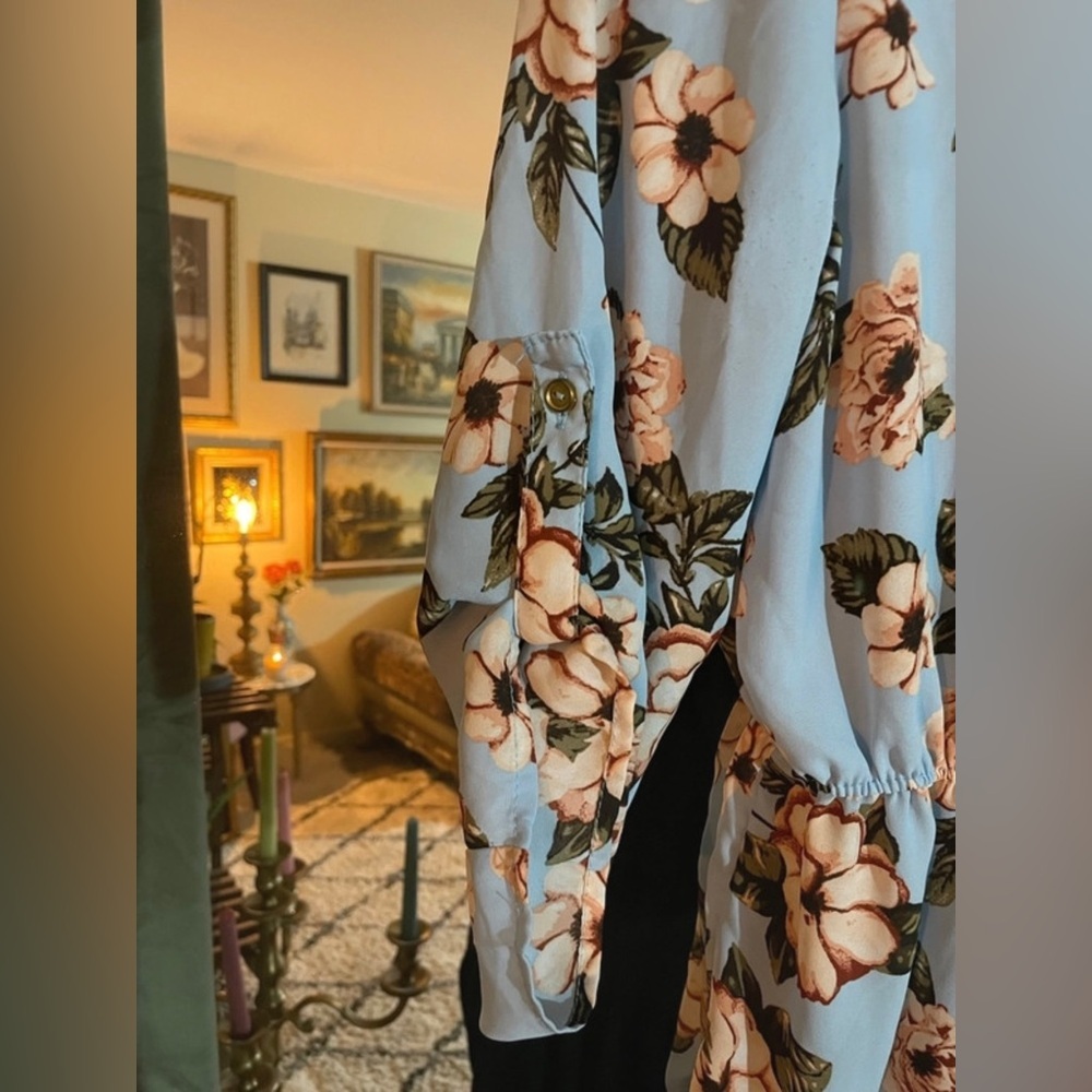 Rue 21 Blue and Pink Floral Zipper and Drawstring Quarter Length Sleeve Blouse - Picture 5 of 5